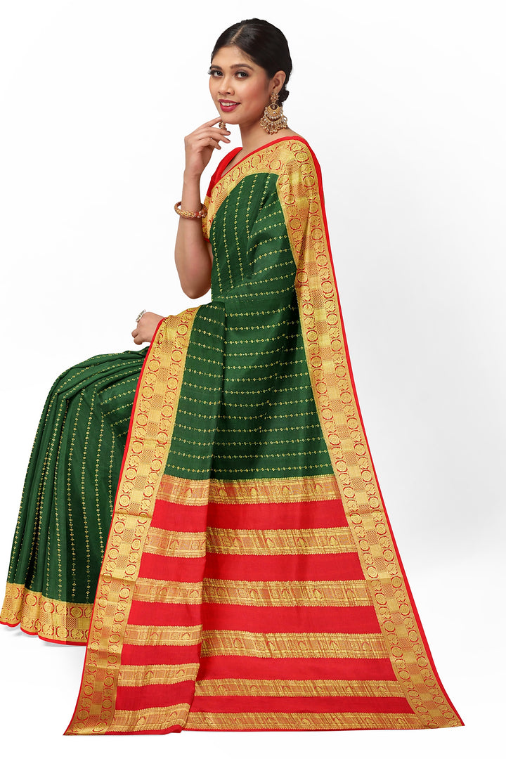 Dark Green Pure Mysore Crepe Silk Saree | SILK MARK CERTIFIED