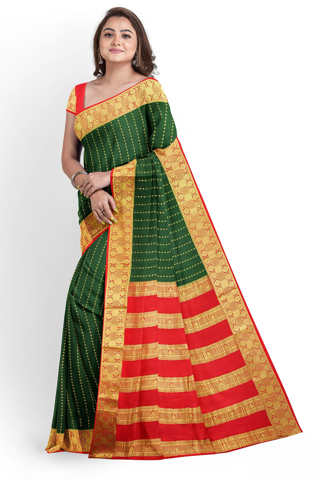 Dark Green Pure Mysore Crepe Silk Saree | SILK MARK CERTIFIED