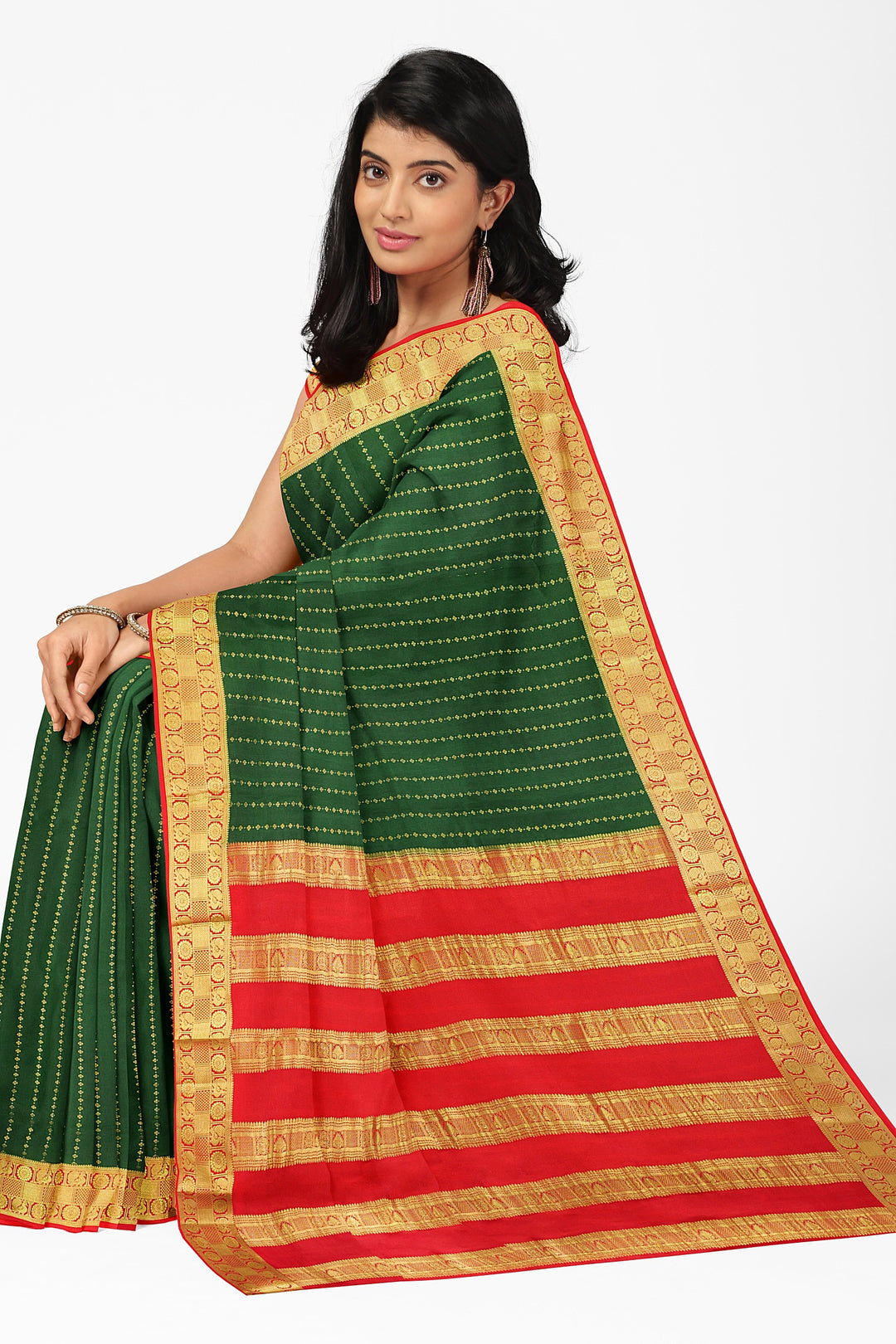 Dark Green Pure Mysore Crepe Silk Saree | SILK MARK CERTIFIED