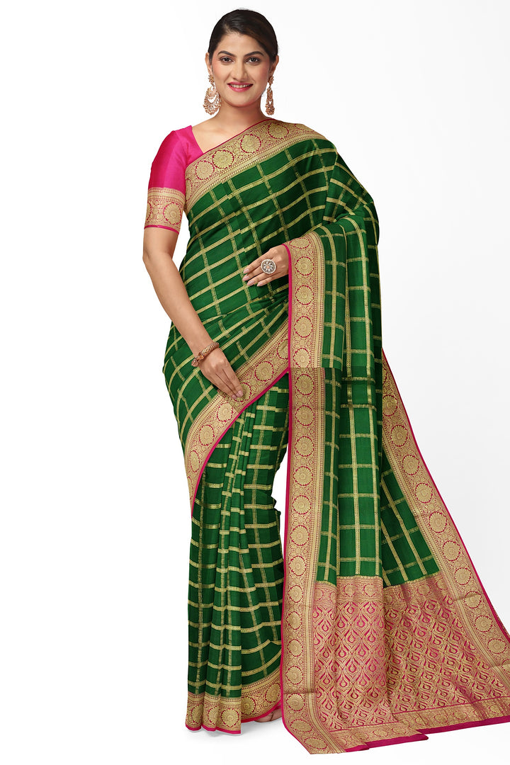 Dark Green Pure Mysore Crepe Silk Saree | SILK MARK CERTIFIED