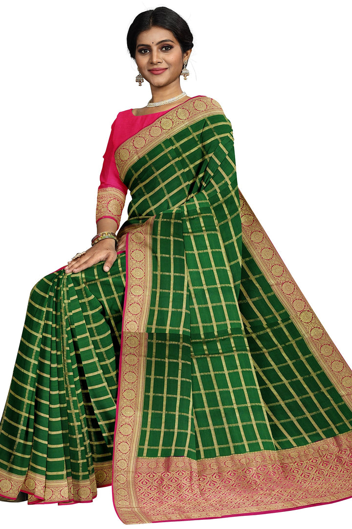 Dark Green Pure Mysore Crepe Silk Saree | SILK MARK CERTIFIED