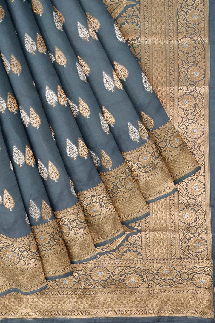 GREY COLOUR BLENDED KATAN SILK BANARASI HANDLOOM SAREE - ATHARVA