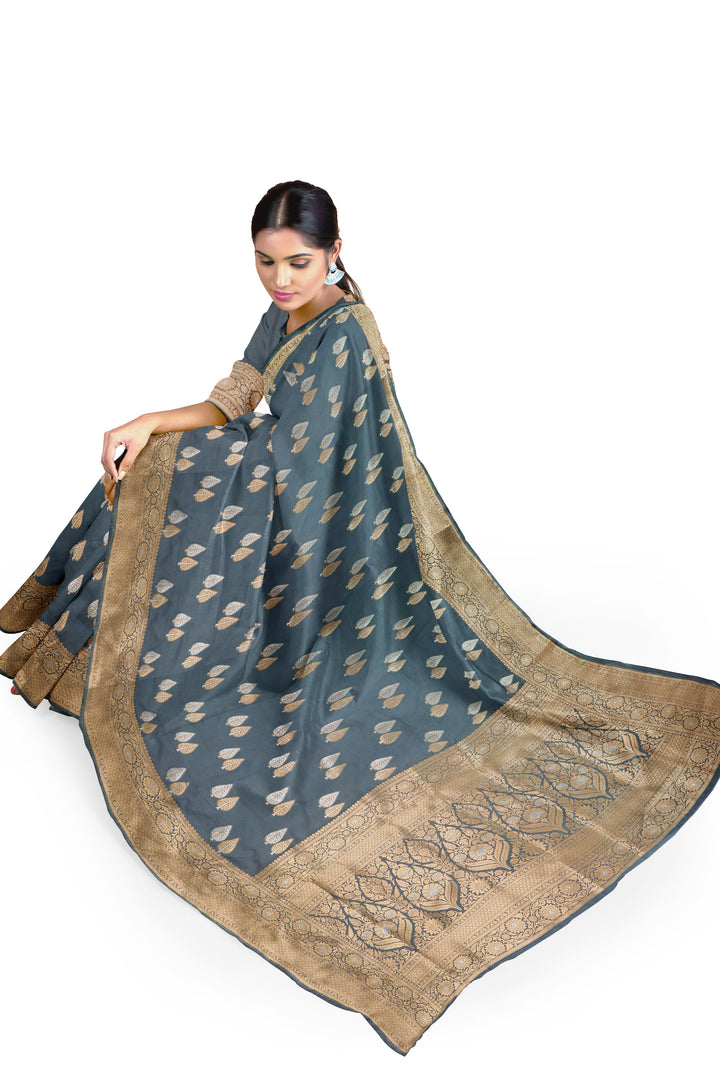 GREY COLOUR BLENDED KATAN SILK BANARASI HANDLOOM SAREE - ATHARVA