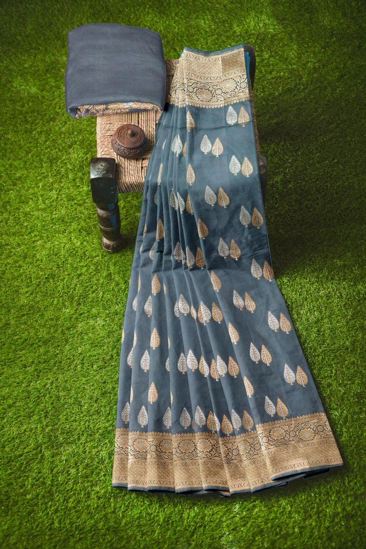 GREY COLOUR BLENDED KATAN SILK BANARASI HANDLOOM SAREE - ATHARVA