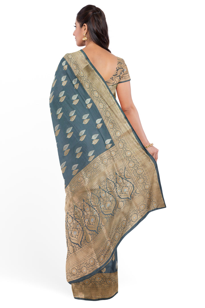 GREY COLOUR BLENDED KATAN SILK BANARASI HANDLOOM SAREE - ATHARVA