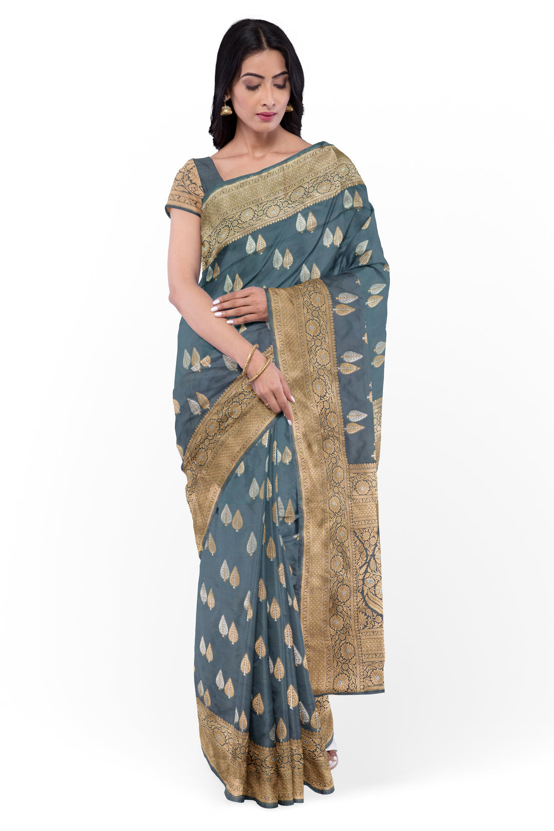 GREY COLOUR BLENDED KATAN SILK BANARASI HANDLOOM SAREE - ATHARVA