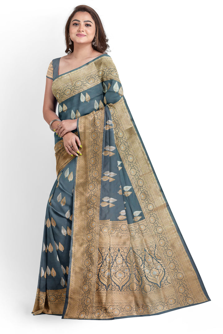 GREY COLOUR BLENDED KATAN SILK BANARASI HANDLOOM SAREE - ATHARVA