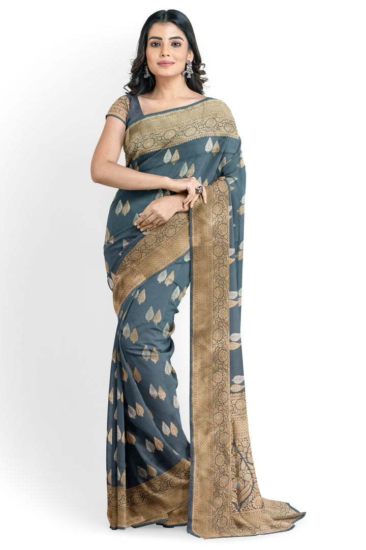 GREY COLOUR BLENDED KATAN SILK BANARASI HANDLOOM SAREE - ATHARVA