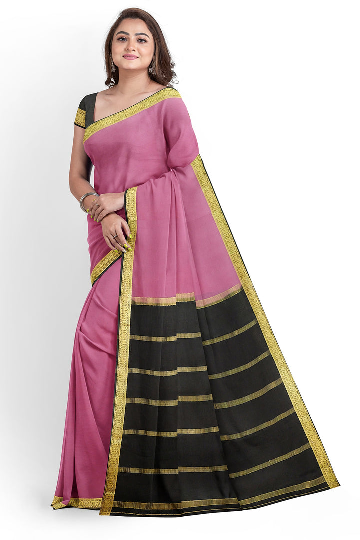 Onion Pink Colour Pure Mysore Crepe Silk Saree | SILK MARK CERTIFIED