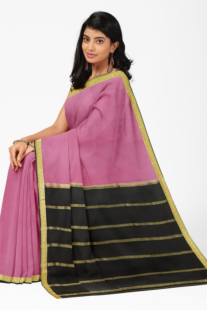 Onion Pink Colour Pure Mysore Crepe Silk Saree | SILK MARK CERTIFIED