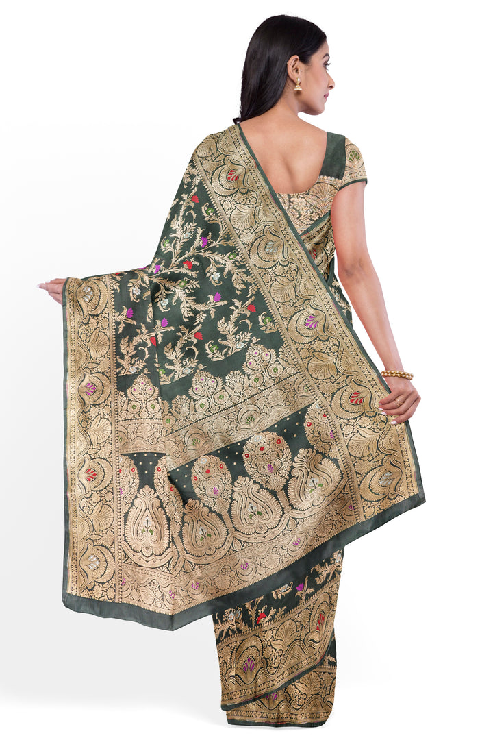 Army Green BANARASI KATAN SILK WITH MEENAKARI JAAL WORK HANDLOOM SAREE - ATHARVA