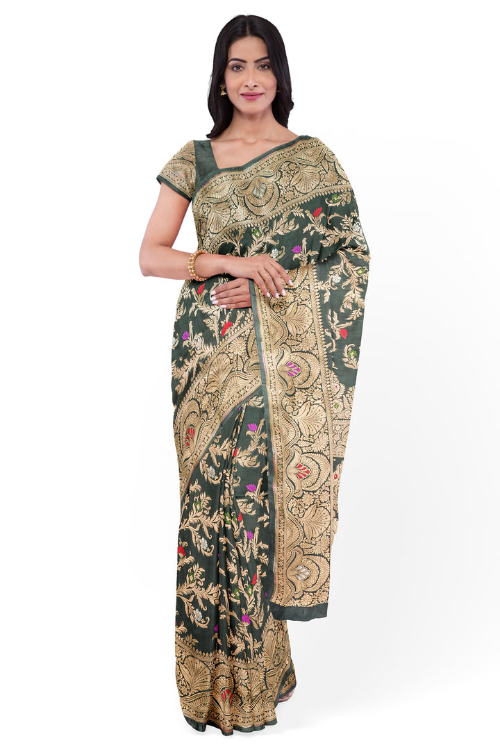 Army Green BANARASI KATAN SILK WITH MEENAKARI JAAL WORK HANDLOOM SAREE - ATHARVA