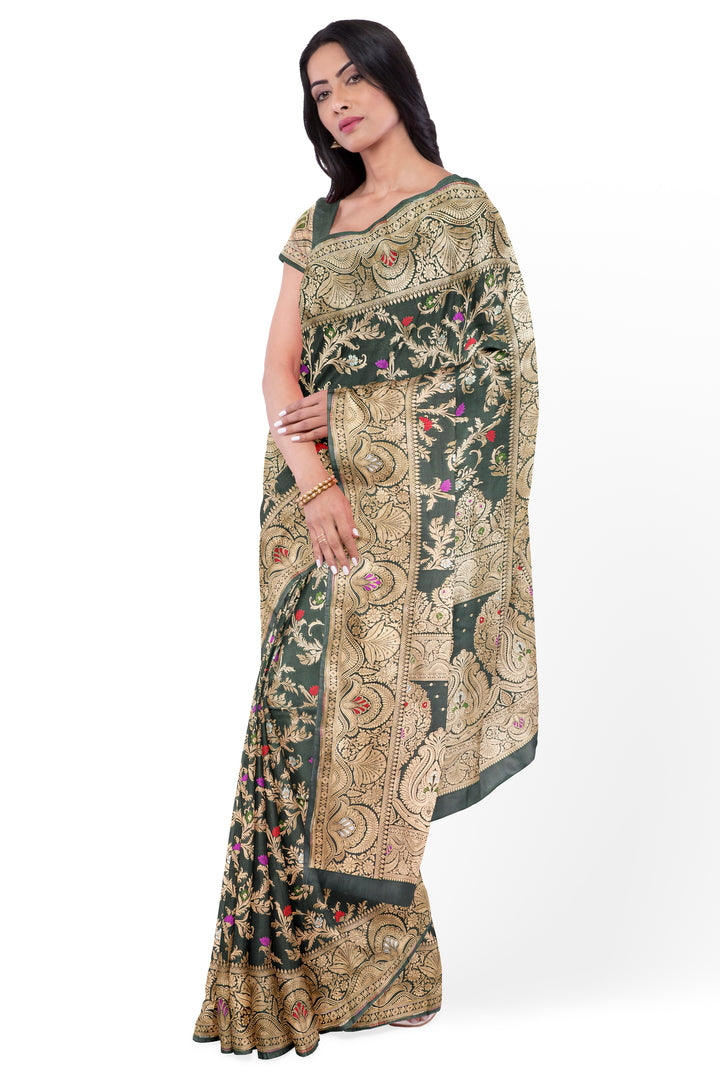 Army Green BANARASI KATAN SILK WITH MEENAKARI JAAL WORK HANDLOOM SAREE - ATHARVA