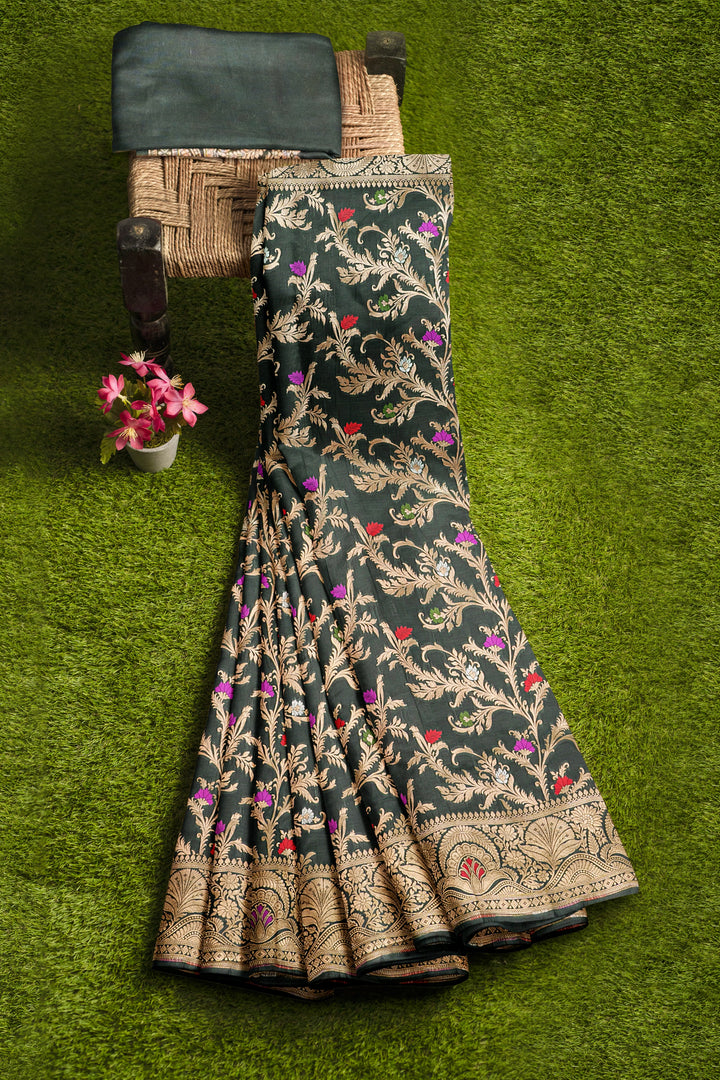 Army Green BANARASI KATAN SILK WITH MEENAKARI JAAL WORK HANDLOOM SAREE - ATHARVA