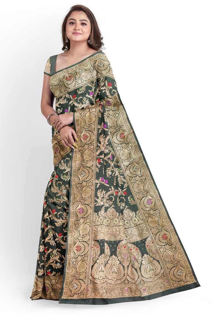 Army Green BANARASI KATAN SILK WITH MEENAKARI JAAL WORK HANDLOOM SAREE - ATHARVA