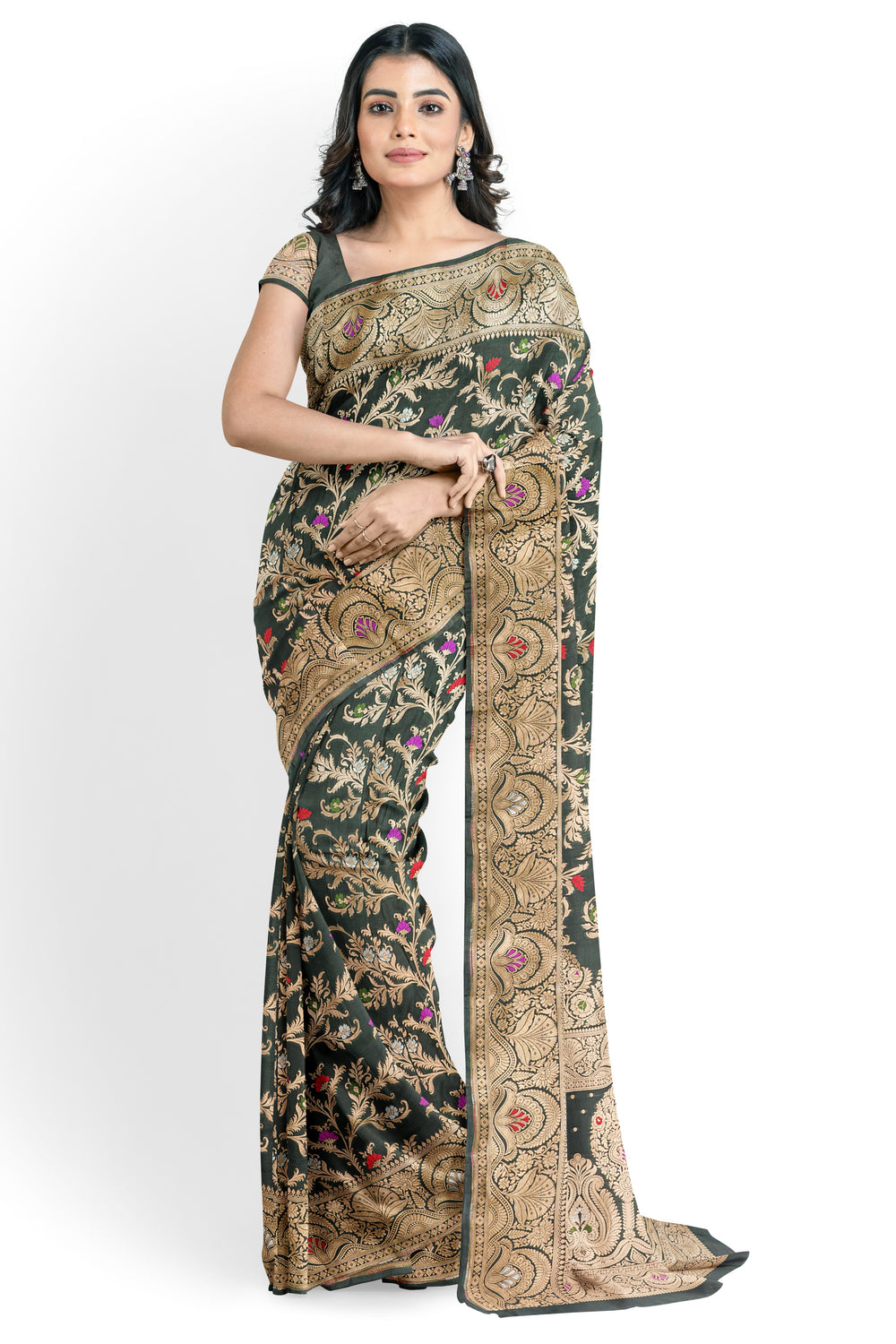 Army Green BANARASI KATAN SILK WITH MEENAKARI JAAL WORK HANDLOOM SAREE