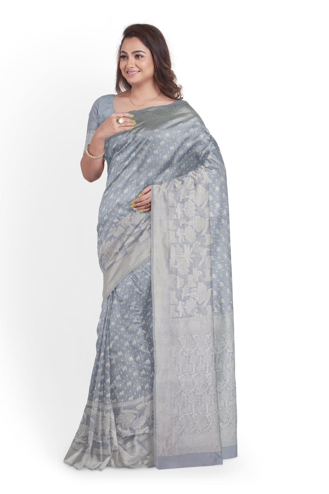 HANDWOVEN SILVER KHADI GEORGETTE SAREE | SILK MARK - ATHARVA - ATHARVA