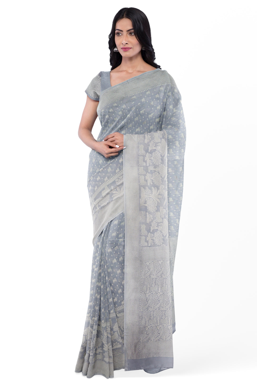 HANDWOVEN SILVER KHADI GEORGETTE SAREE | SILK MARK - ATHARVA - ATHARVA