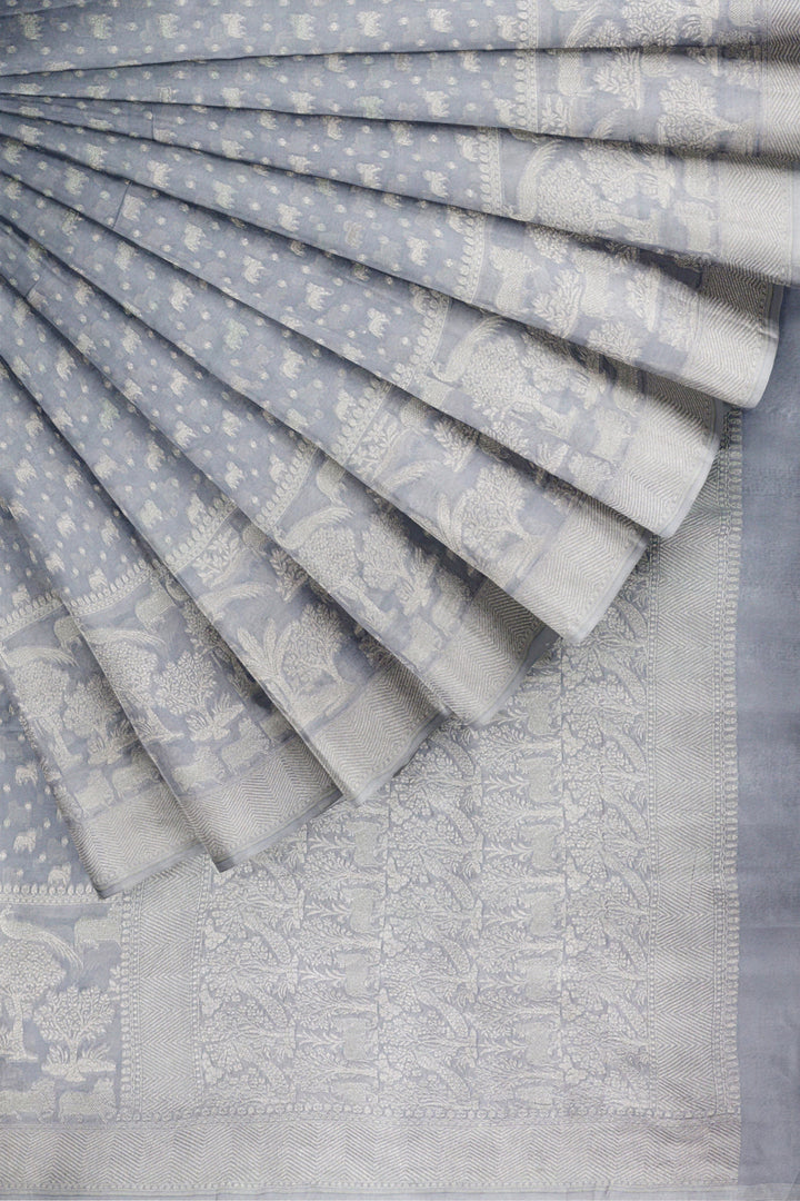 HANDWOVEN SILVER KHADI GEORGETTE SAREE | SILK MARK - ATHARVA - ATHARVA