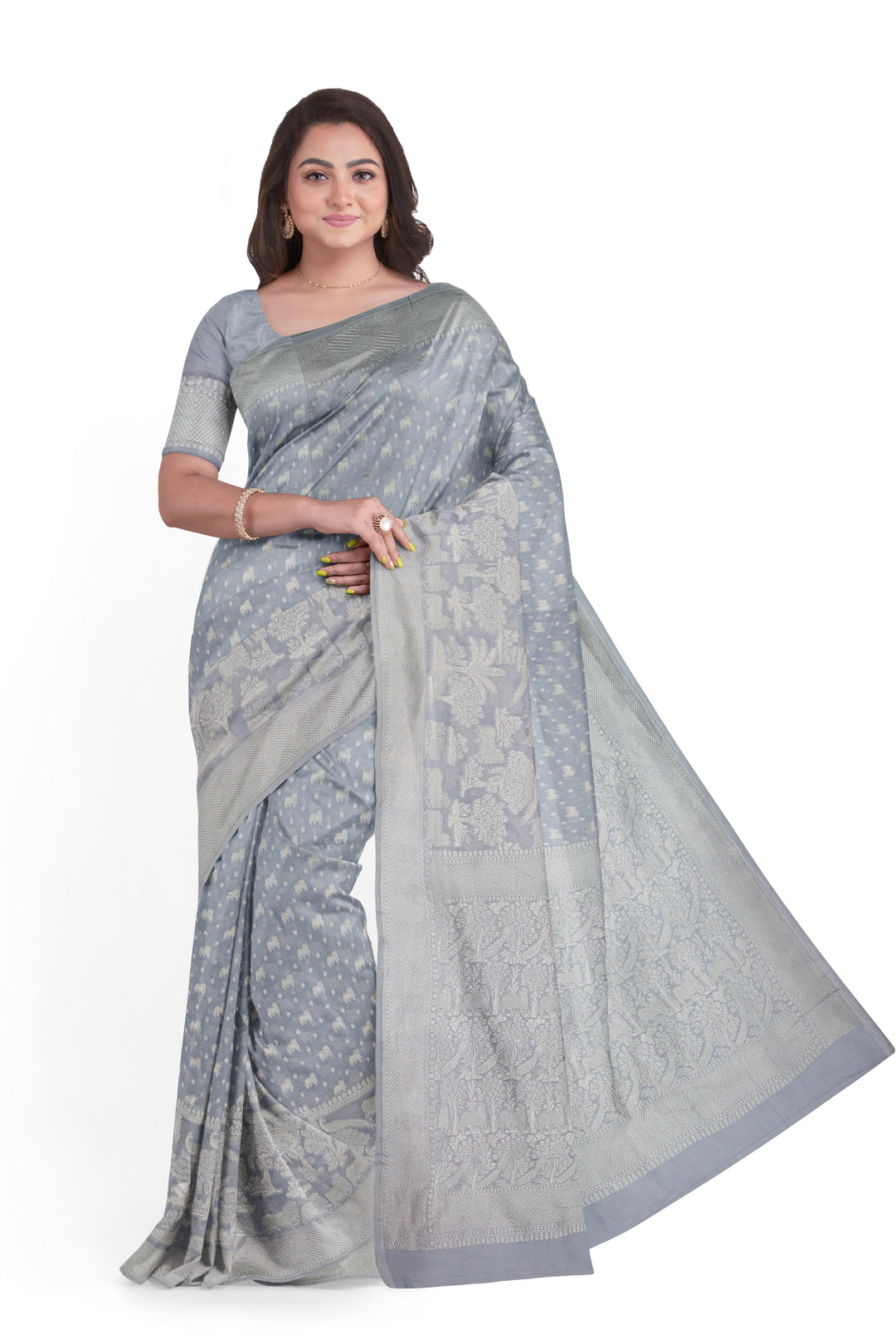 HANDWOVEN SILVER KHADI GEORGETTE SAREE | SILK MARK - ATHARVA - ATHARVA