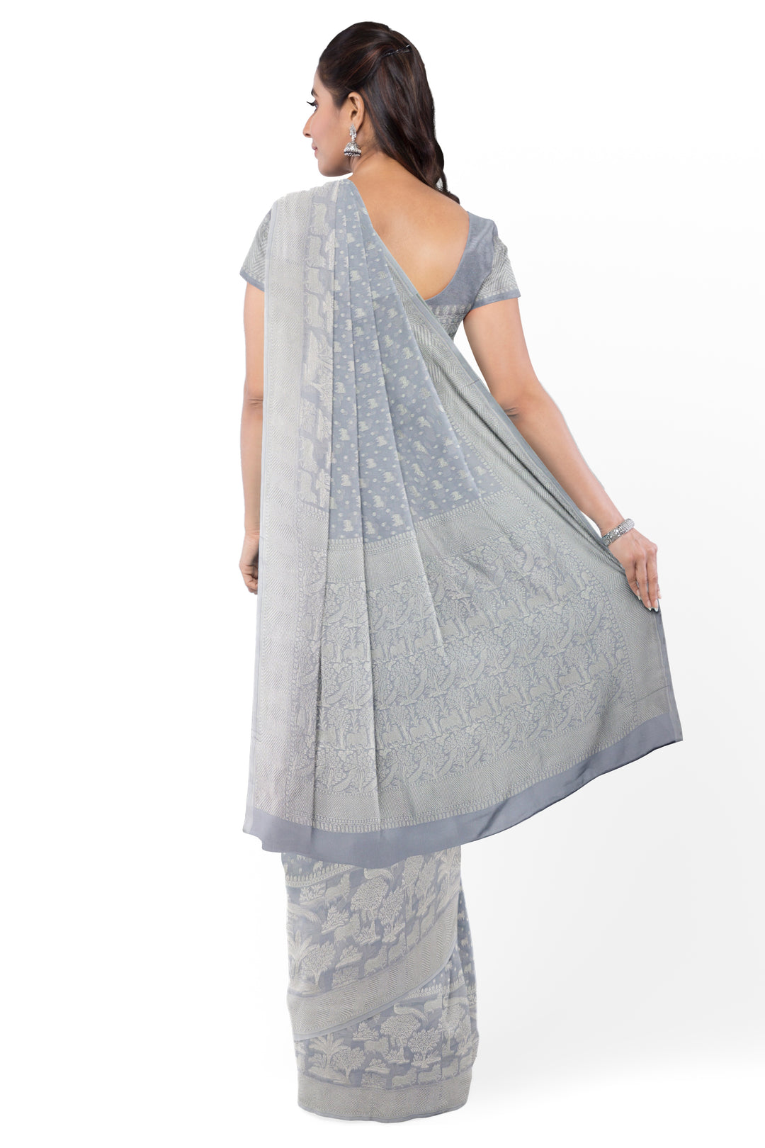 HANDWOVEN SILVER KHADI GEORGETTE SAREE | SILK MARK - ATHARVA - ATHARVA