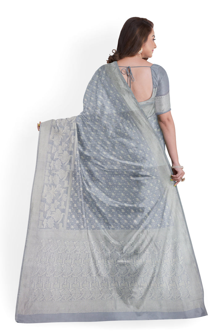 HANDWOVEN SILVER KHADI GEORGETTE SAREE | SILK MARK - ATHARVA - ATHARVA