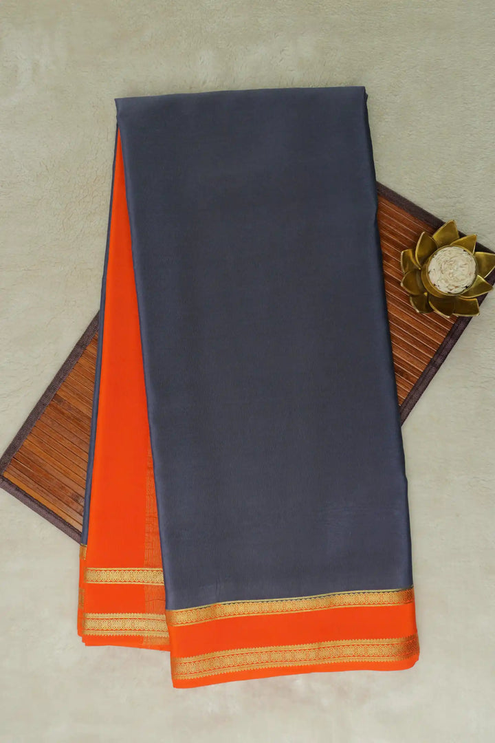Grey Mysore Silk Saree with Orange Border and Gold Zari