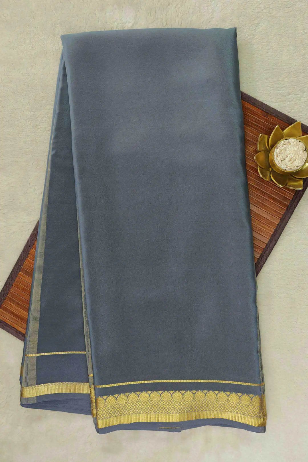 Grey Mysore Silk Saree with gold border