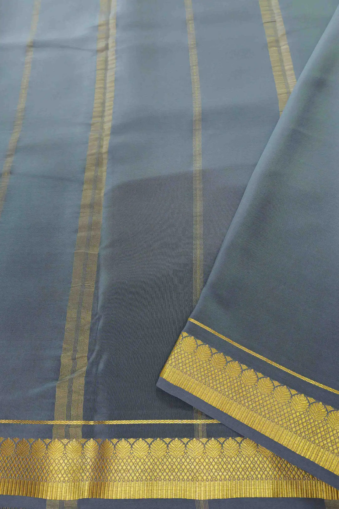 Grey Mysore Silk Saree with gold pallu border