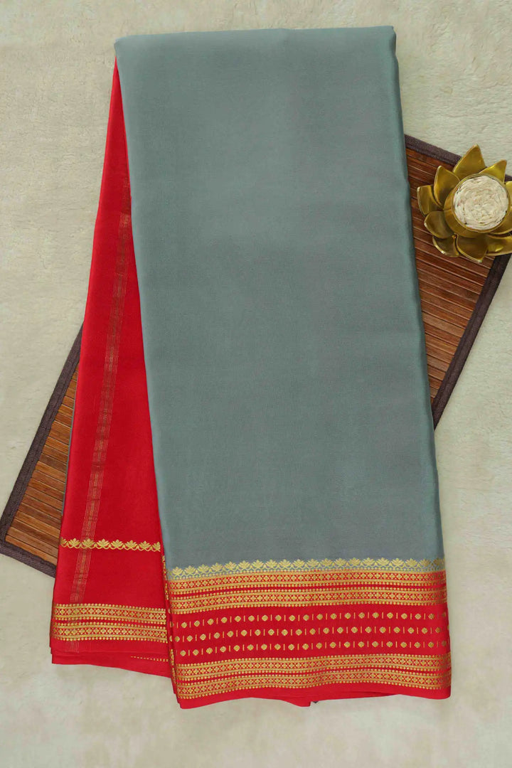 Grey Mysore Silk Saree with red pallu and gold border