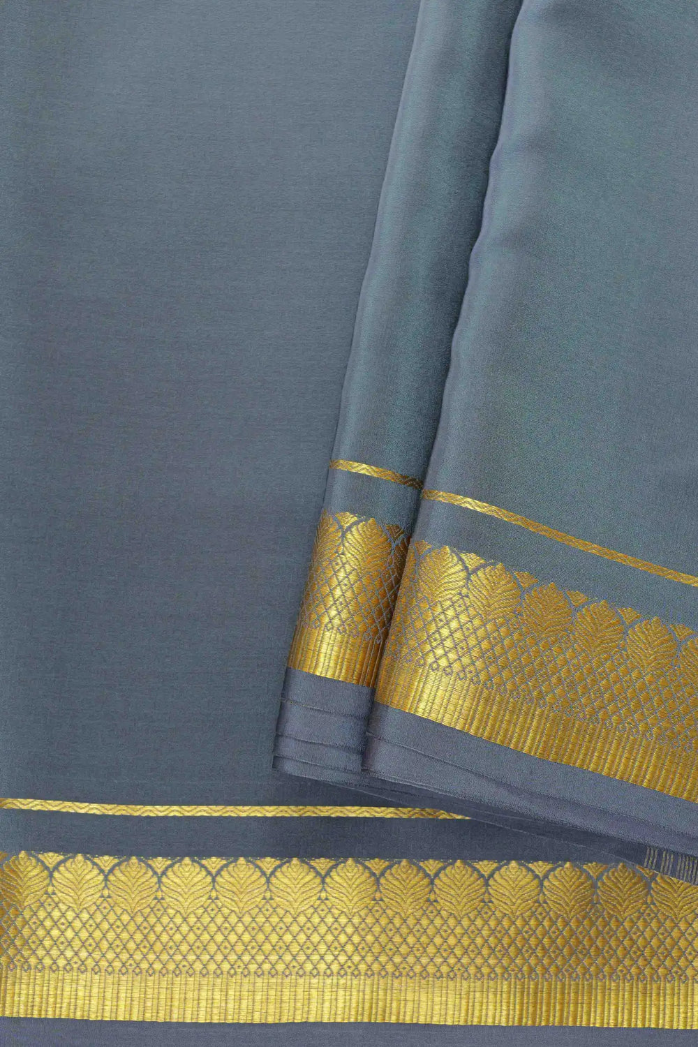 Grey Mysore Silk Sarees with gold border