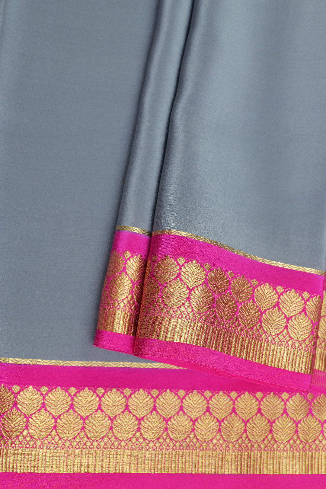 Grey Mysore silk saree with pink border