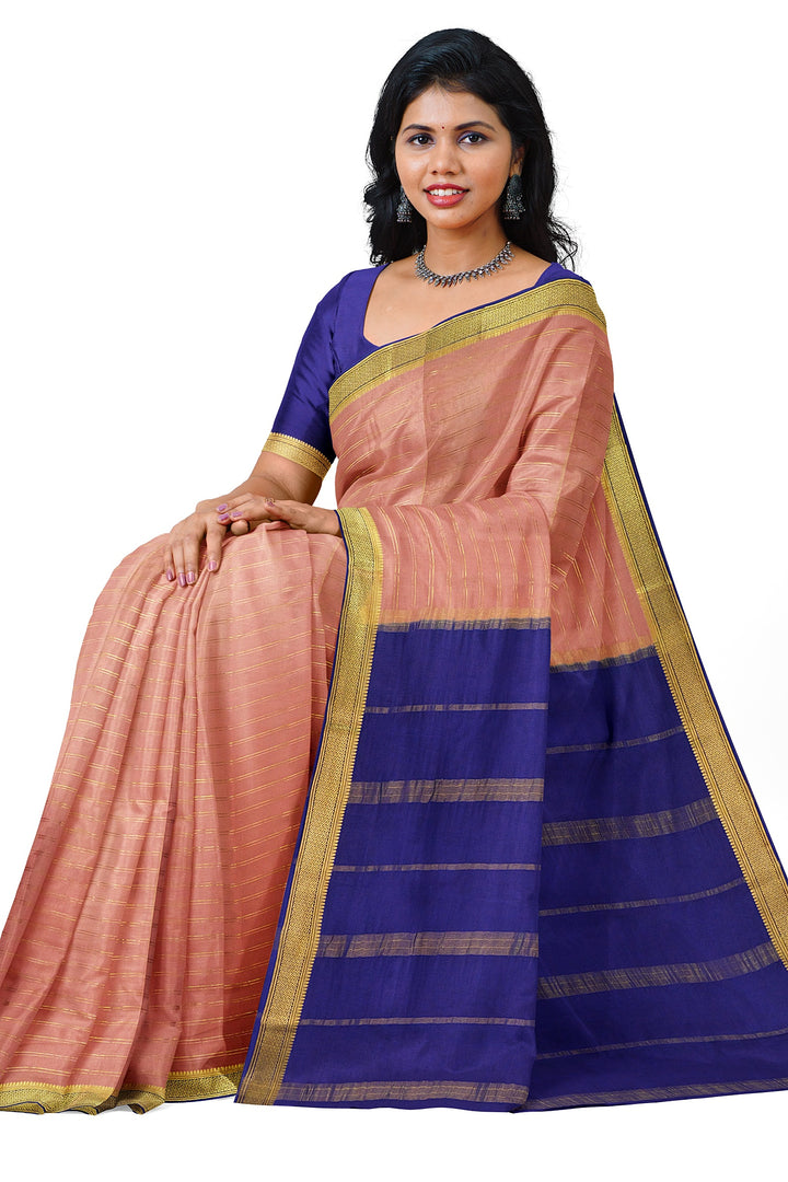 Peachish Pure Mysore Crepe Silk Saree With Golden Lines | SILK MARK CERTIFIED