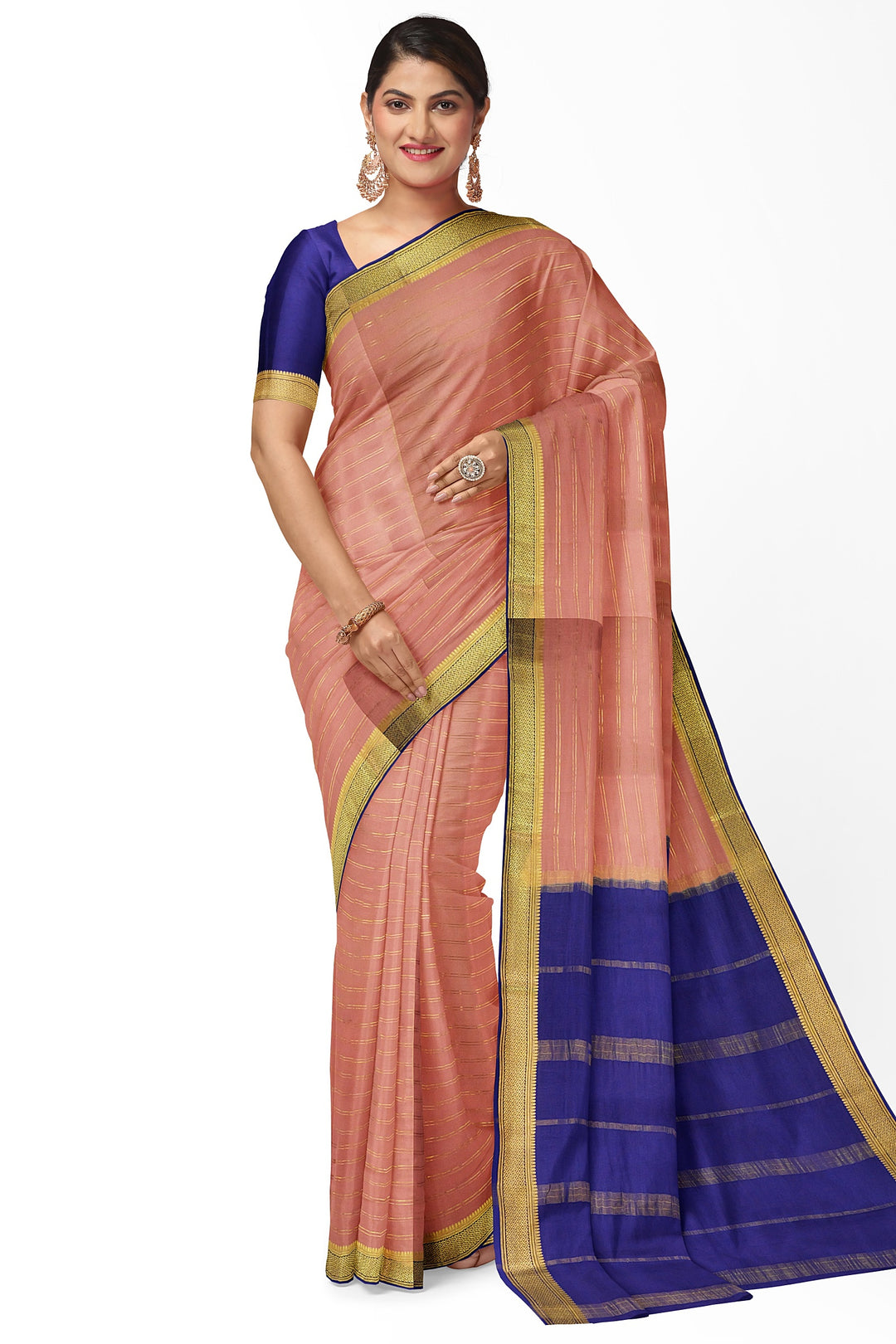 Peachish Pure Mysore Crepe Silk Saree With Golden Lines | SILK MARK CERTIFIED