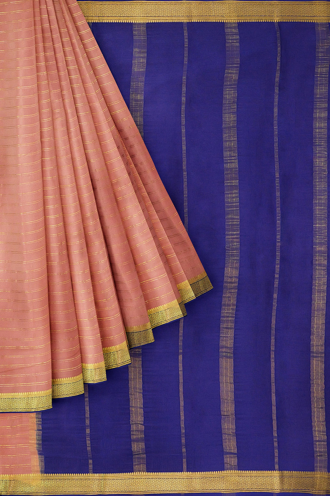 Peachish Pure Mysore Crepe Silk Saree With Golden Lines | SILK MARK CERTIFIED