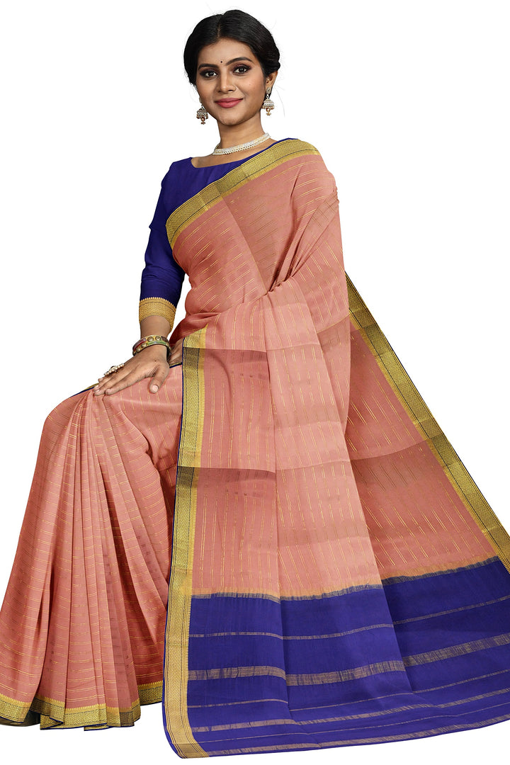 Peachish Pure Mysore Crepe Silk Saree With Golden Lines | SILK MARK CERTIFIED