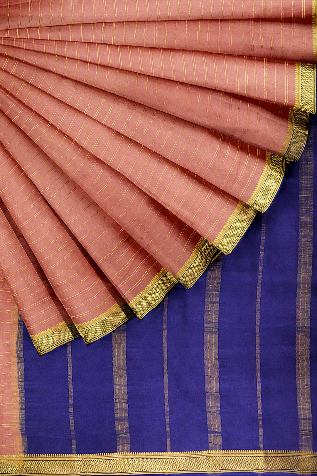 Peachish Pure Mysore Crepe Silk Saree With Golden Lines | SILK MARK CERTIFIED