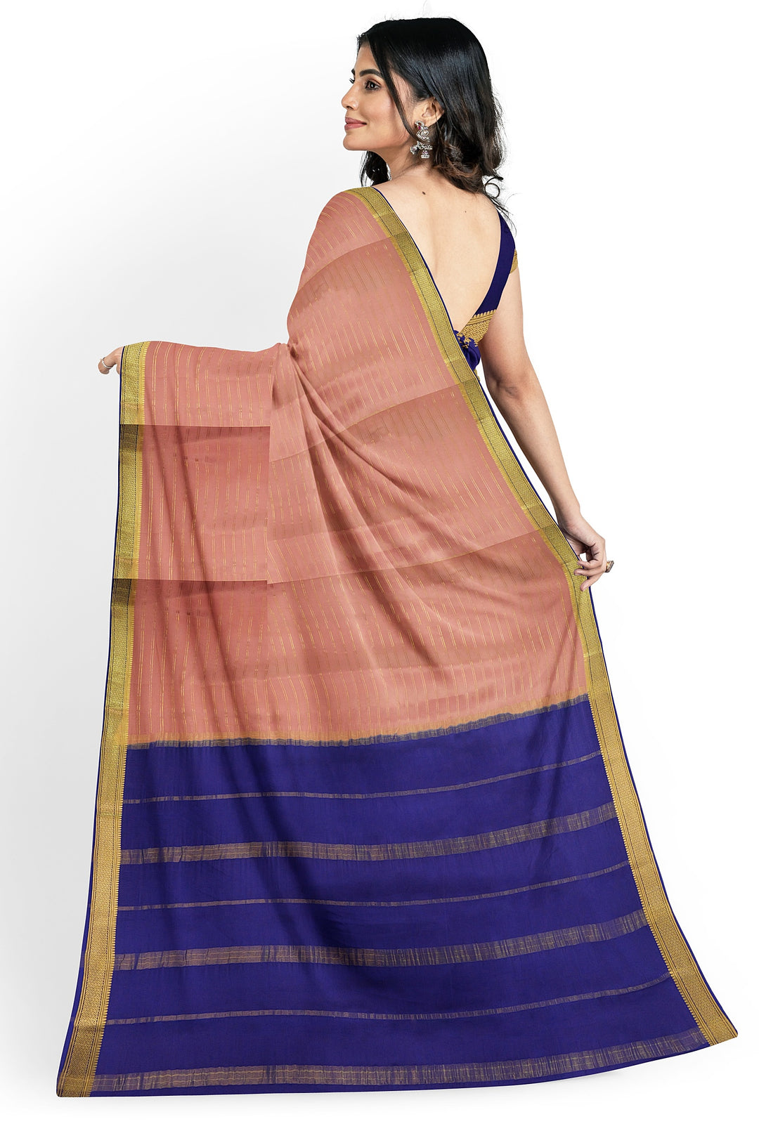 Peachish Pure Mysore Crepe Silk Saree With Golden Lines | SILK MARK CERTIFIED