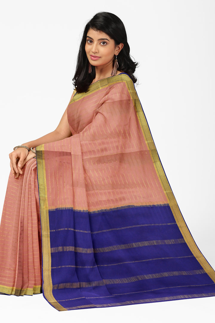 Peachish Pure Mysore Crepe Silk Saree With Golden Lines | SILK MARK CERTIFIED