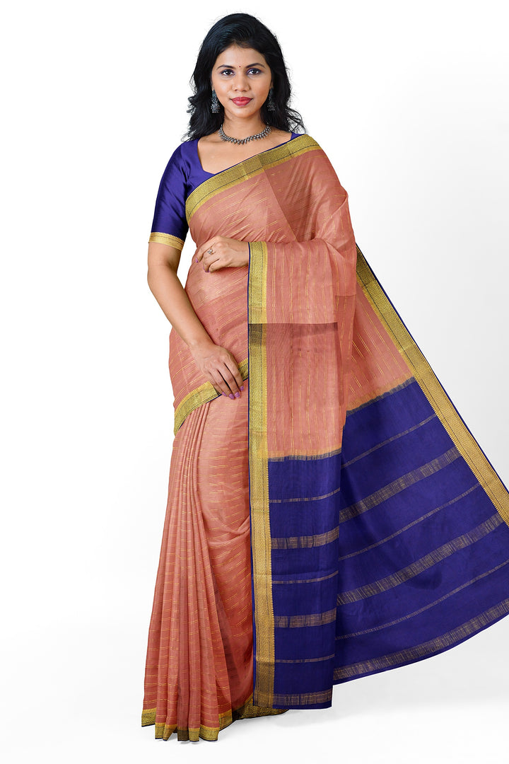 Peachish Pure Mysore Crepe Silk Saree With Golden Lines | SILK MARK CERTIFIED