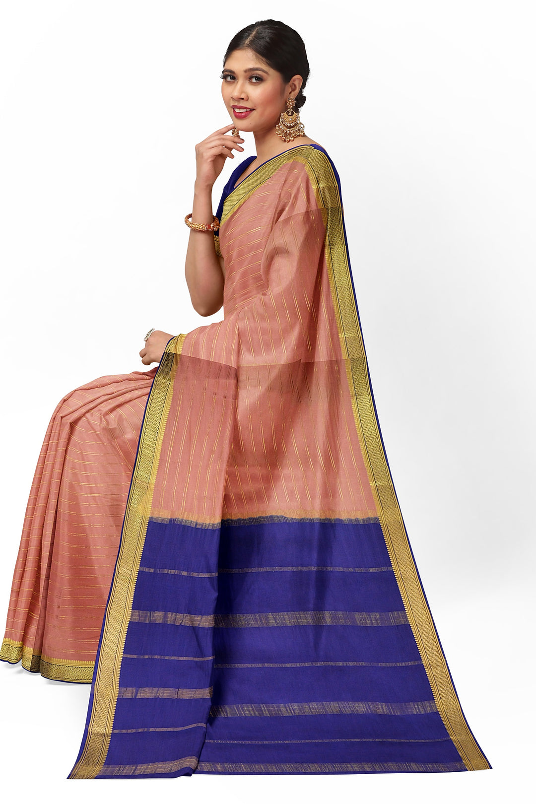 Peachish Pure Mysore Crepe Silk Saree With Golden Lines | SILK MARK CERTIFIED