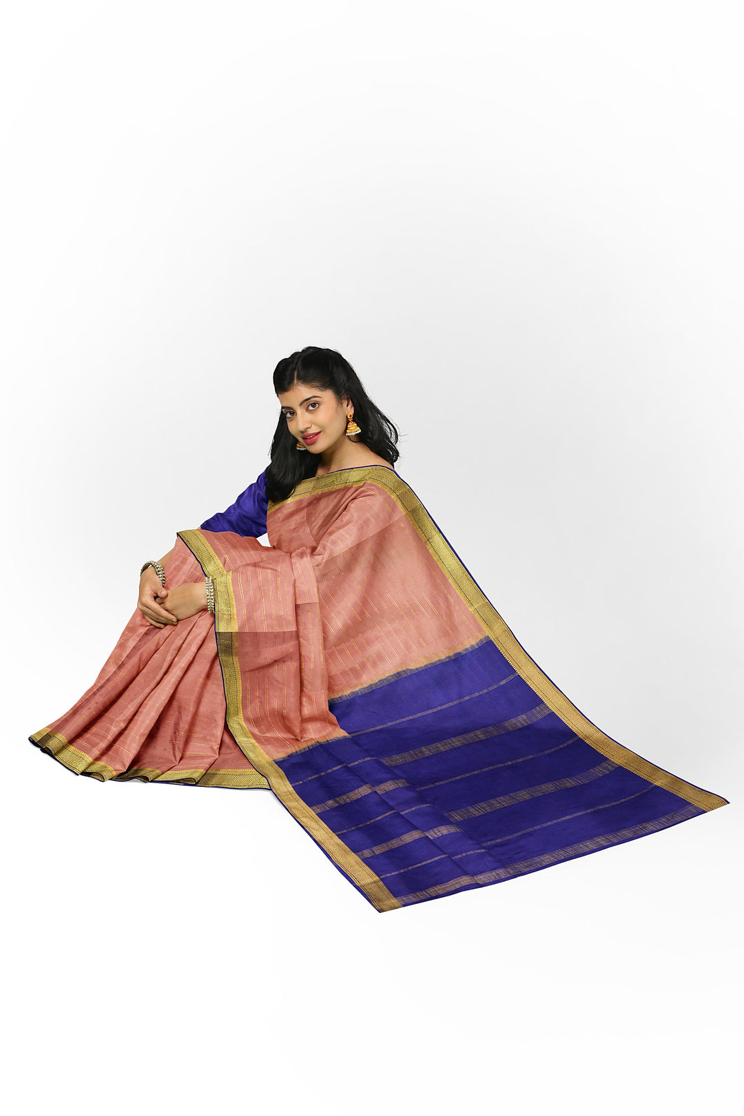 Peachish Pure Mysore Crepe Silk Saree With Golden Lines | SILK MARK CERTIFIED