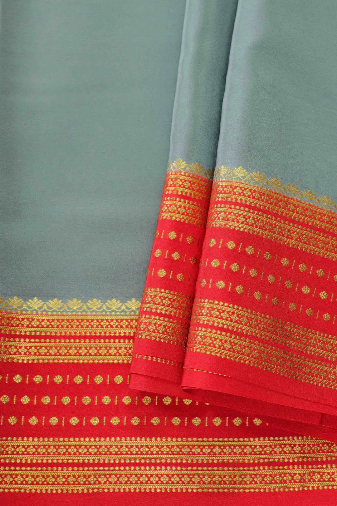 Grey and red Mysore Silk Saree with gold detailing