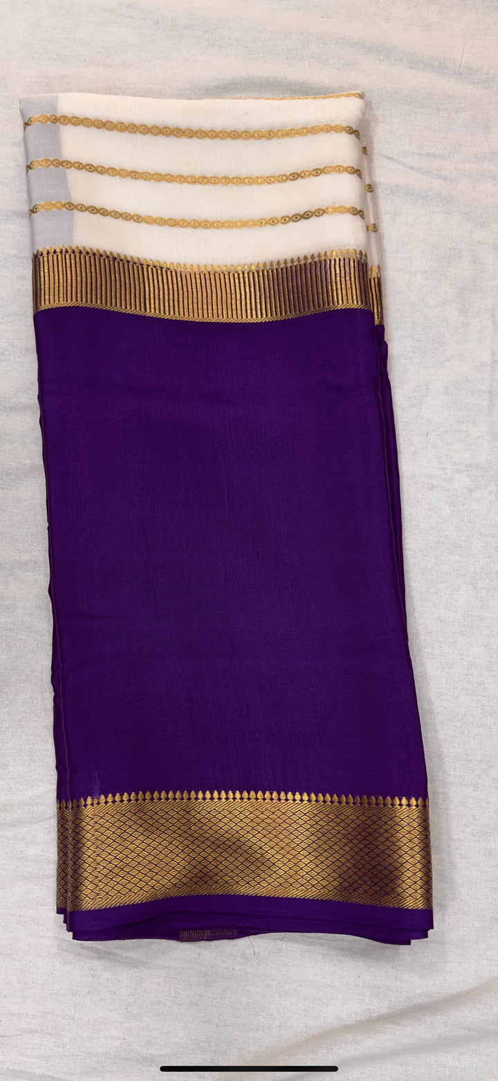 Purple & white Pure crepe Mysore silk saree