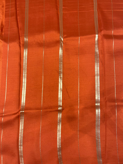 Pure Zari Mysore Silk Saree Half Inch Border In Navy blue With Orange Contrast Color Blouse