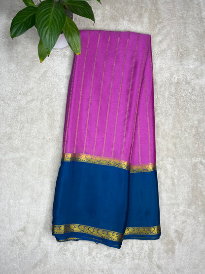 Pure Crepe Mysore Silk crush Saree In Pink With Blue Contrast Blouse-1146007
