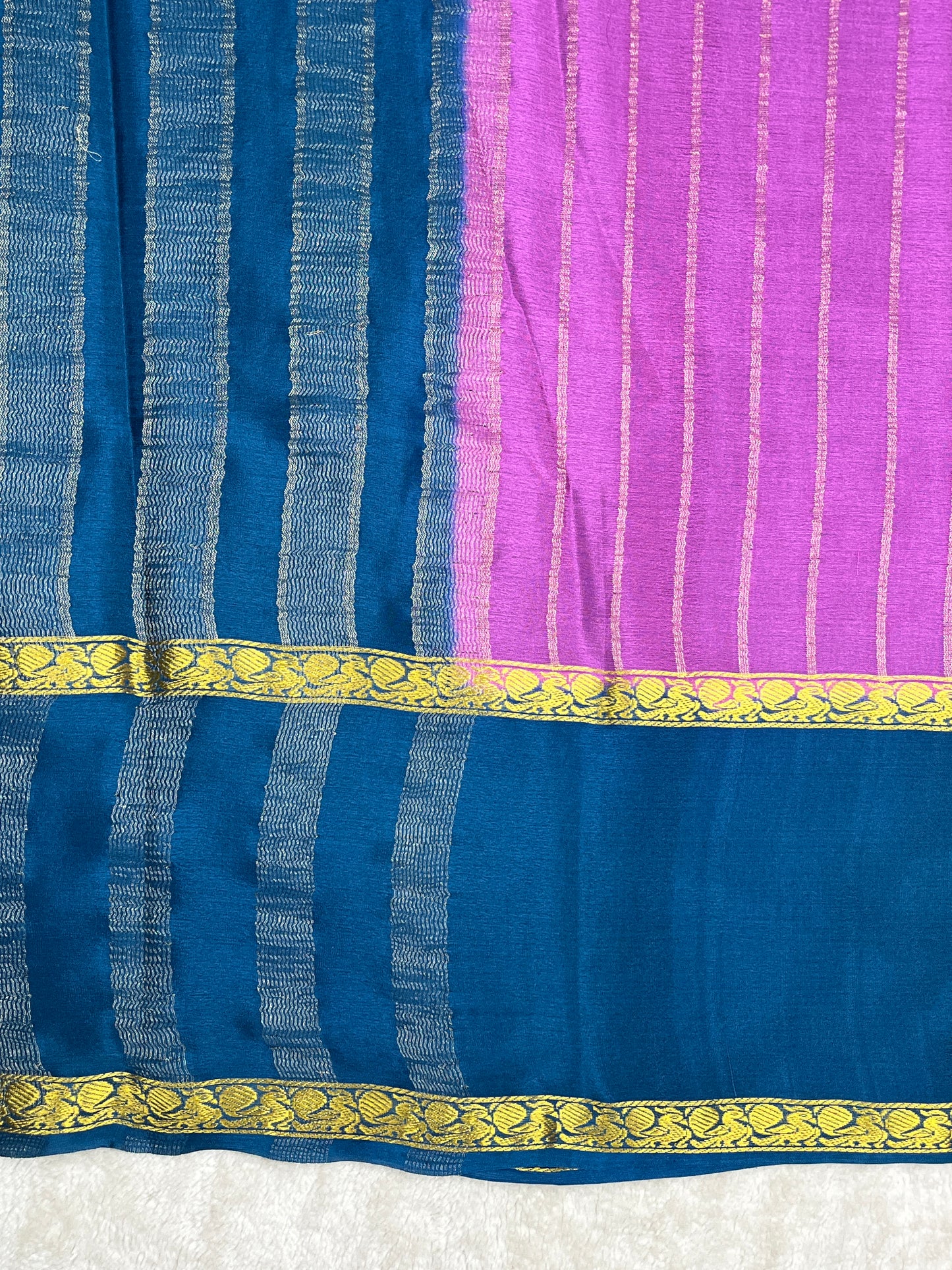 Pure Crepe Mysore Silk crush Saree In Pink With Blue Contrast Blouse-1146007