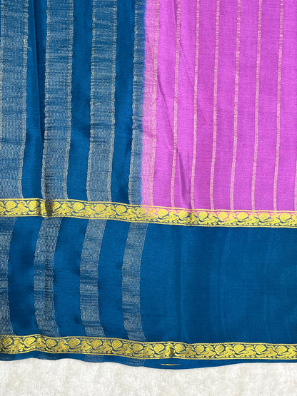 Pure Crepe Mysore Silk crush Saree In Pink With Blue Contrast Blouse-1146007