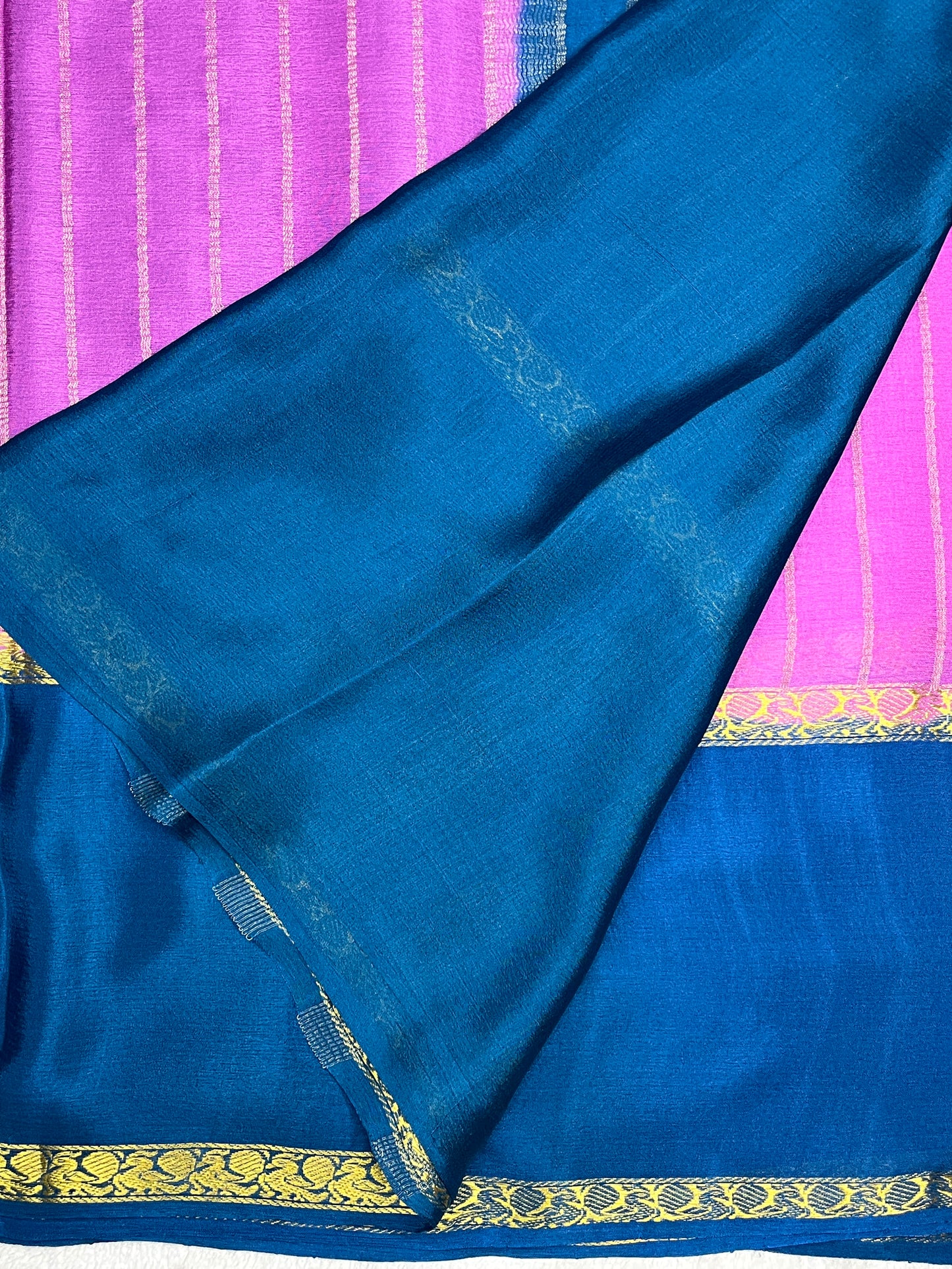 Pure Crepe Mysore Silk crush Saree In Pink With Blue Contrast Blouse-1146007