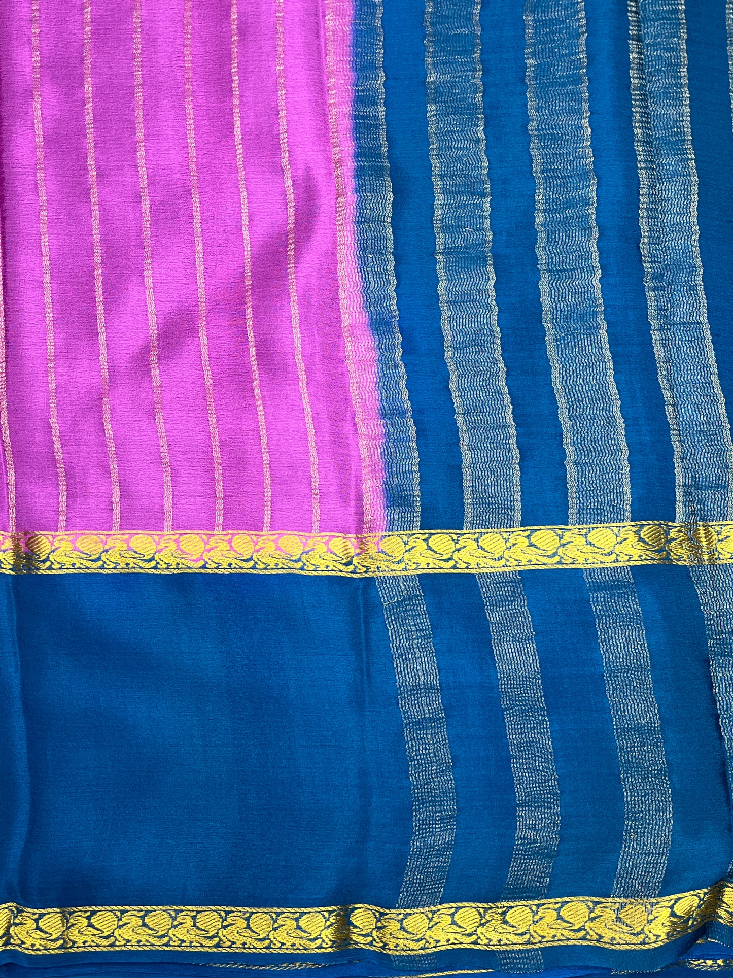 Pure Crepe Mysore Silk crush Saree In Pink With Blue Contrast Blouse-1146007